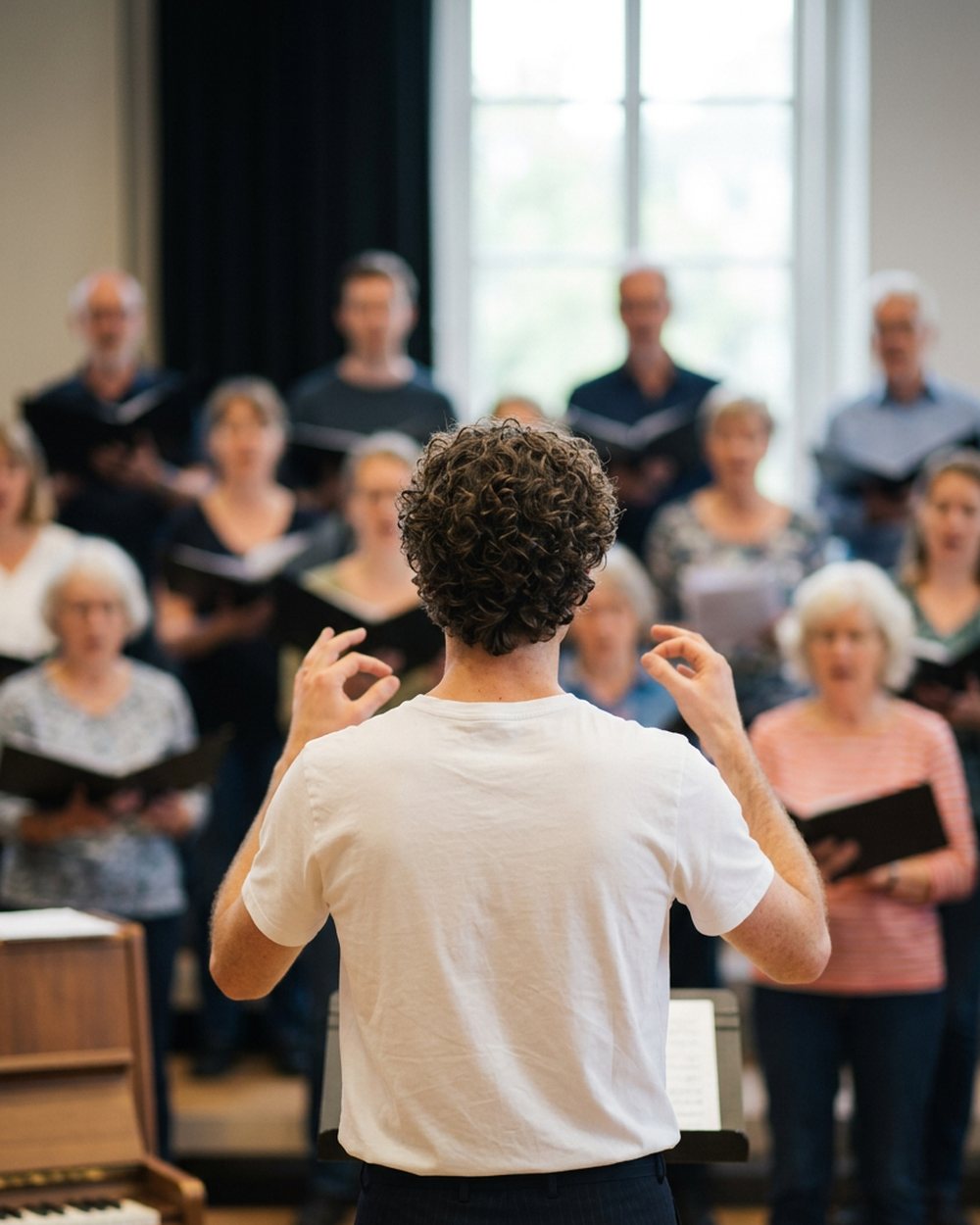 Chorleiter von hinten vor einem gemischten Chor mit Notenmappen, KI-generiertes Bild